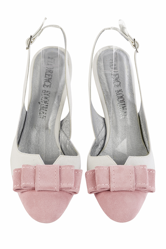 Light pink and pure white women's open back shoes, with a knot. Round toe. High slim heel. Top view - Florence KOOIJMAN